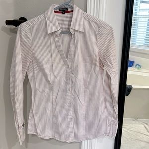 Express fitted long sleeve button down business shirt - White w/ pink pinstripes